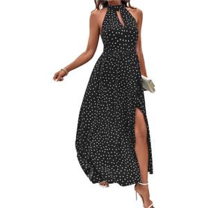 Women Casual Summer Polka Dot Sleeveless Midi Dresses Bohemian Side Slit Wedding Guest Long Dresses (Black, XL)