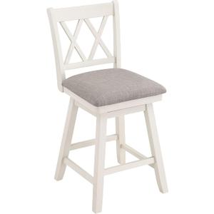 Home Brookline Swivel Bar Stool Chair with 360 Turn Mechanism, Rustic Farmhouse Stools for Kitchen Counter with Cushion, 24" Seat Height, Cream White Wood Finish with Grey Cushion