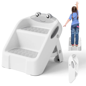 Toddler Step Stool, Easy to Fold Step Stools for Toddlers with Non-Slip Surface & Alphabet Patterns, Lightweight & Cute Kids Step Stool for Potty Training, Bathroom Sink, and Bedroom, Gray