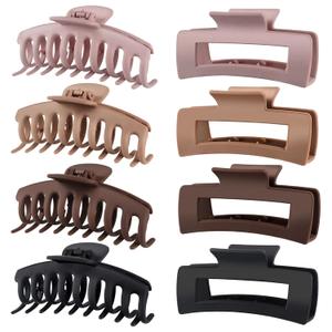 TOCESS Big Hair Claw Clips for Women - Neutral Large Claw Clip for Thin Thick Curly Hair 90's Strong Hold 4.33 Inch Nonslip Matte Jumbo Hair Clips (8 Pcs) (Assorted B.Black, Brown, Beige, Light Pink)