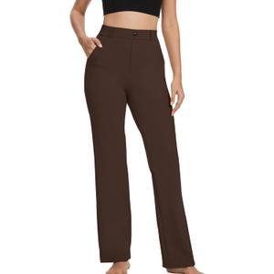 VIMPEP Womens Stretchy Yoga Dress Pants High Rise Straight Leg with Pockets Casual Petite/Regular 1202 (Large, Brown)