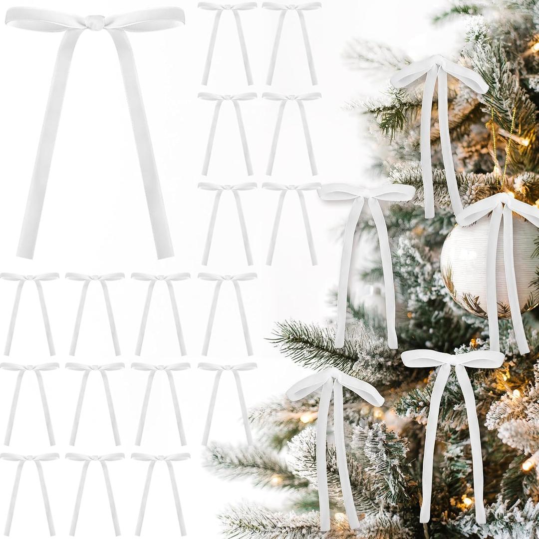 White 24 Pcs Velvet Bows Christmas Tree Ornaments Valentines Day Bows Decoration for Garland Home Coquette Wedding Decor (5 x 7 Inch,Width of 3/8")