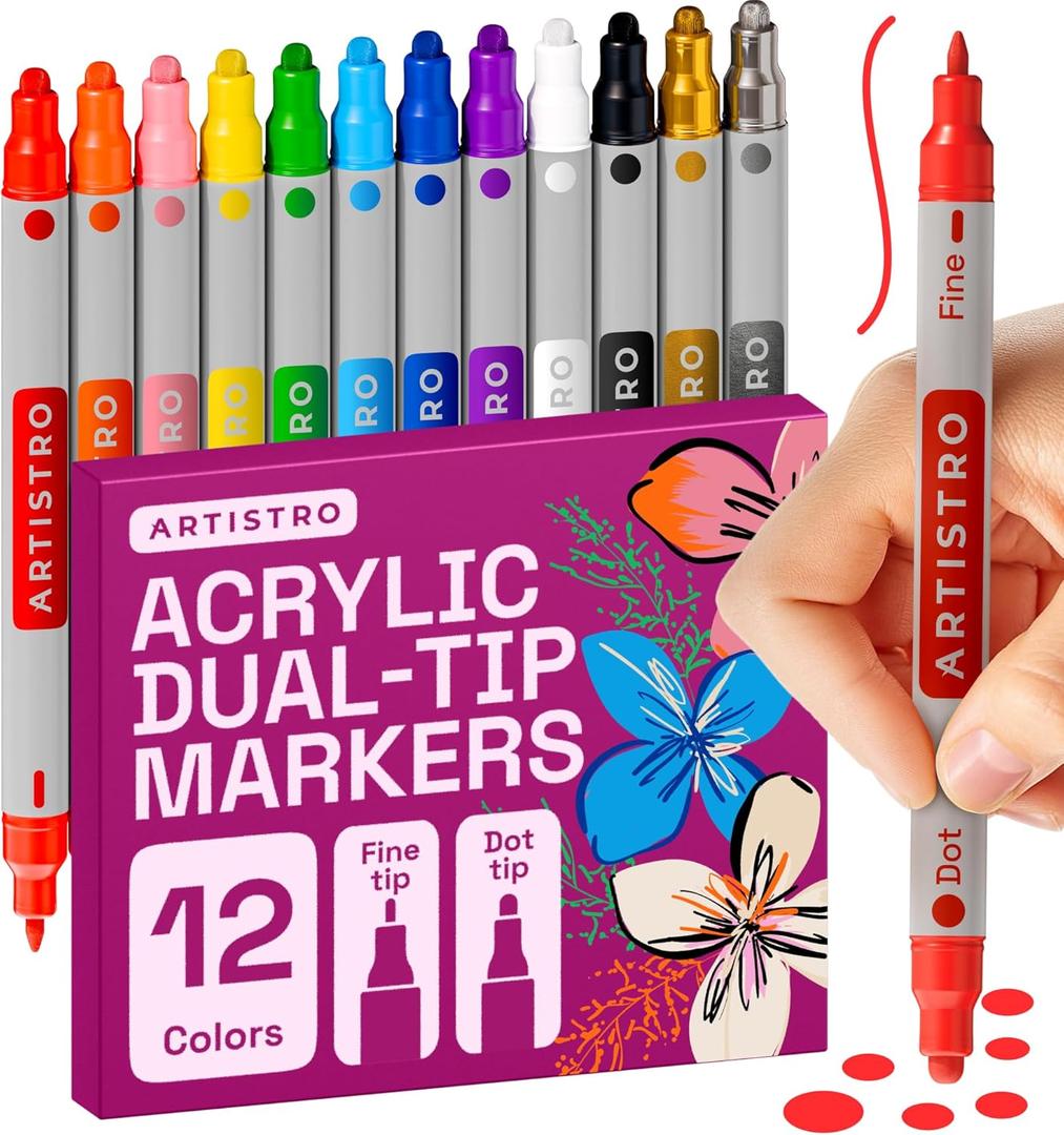 ARTISTRO 12 Precision Dual-Tip Acrylic Paint Markers  Paint Pens Set with Dot & Fine Tips for Fabric, Rock, Glass, Wood, Coloring Books  Classroom & Art Supplies Gift  Teacher Appreciation Gift