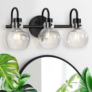 Bathroom Light Fixtures, Black 3 Lights Vanity Light, Farmhouse Wall Sconces with Globe Glass Shade, Porch Wall Mount Lamp for Mirror, Kitchen, Porch Living Room Workshop (E26 Base)