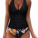SUUKSESS Women Sexy Halter Tankini Bathing Suits Slimming Tummy Control High Waisted Swimsuits 2 Piece (Retro Black Floral, 2XL)