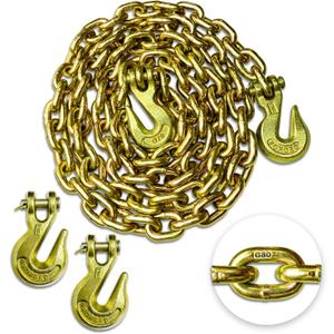 3/8'' Chain G80 Trailer Tow Chain 10ft, 7,100 lb WLL, 4 Clevis Grab Hooks, Yellow Zinc Chromate, Logging Chain for Towing & Trailer Tie-Down