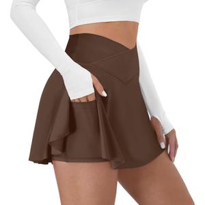 Tennis Skirt for Women with Pockets Shorts Crossover High Waisted Athletic Golf Skorts Running Workout Skirts 2 in 1 (X-Large, Brown)