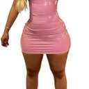sedmoda Women Sexy Faux Leather Mini Dress Spaghetti Strap Bodycon PU Short Dresses Party Club Outfits Size S