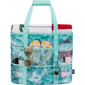 KABAQOO Mesh Beach Bag, Extra Large Beach Bags with 9 Pockets & Zipper Waterproof Lightweight Beach Tote for Beach/Pool Trip