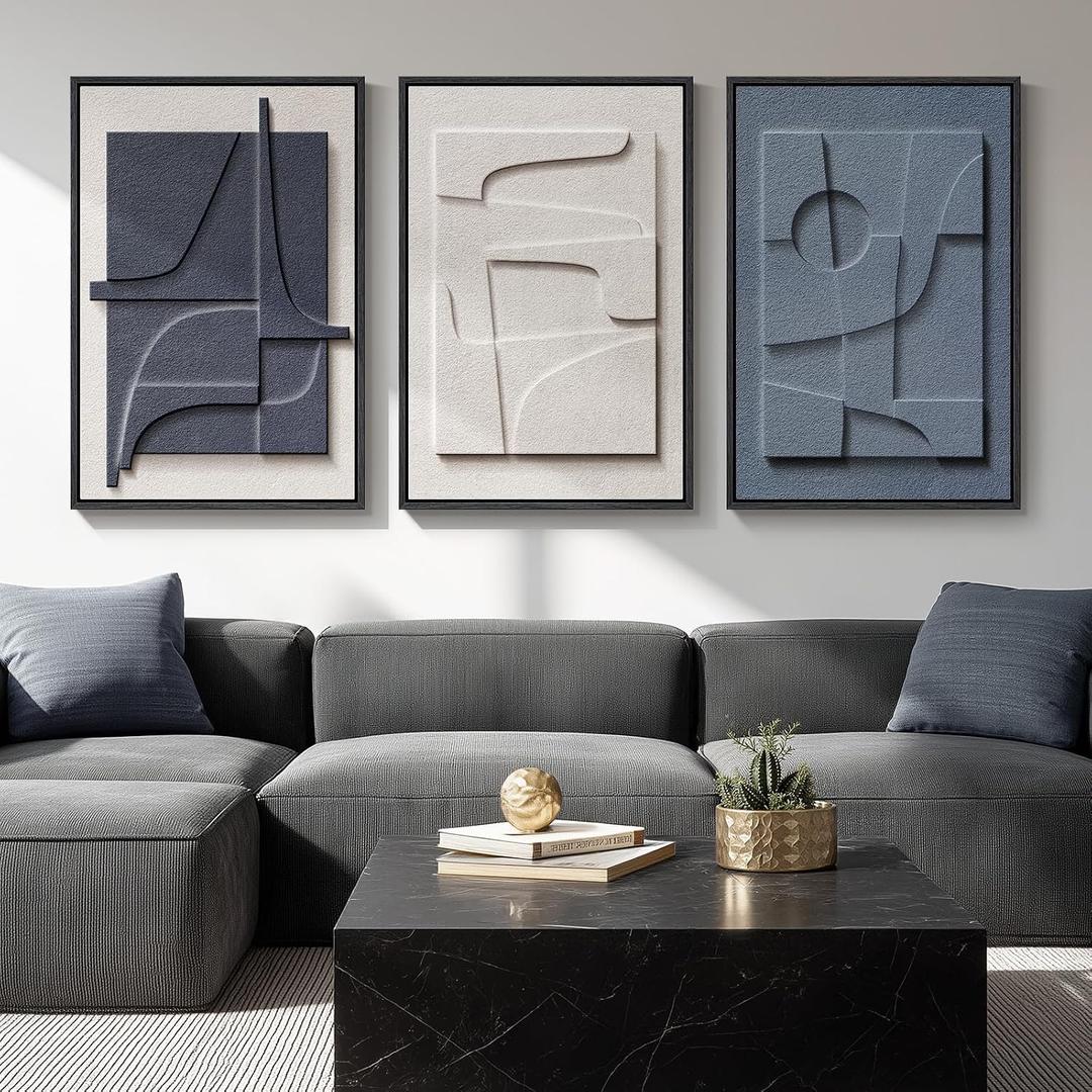Large 3D Textured Framed Blue and White Abstract Wall Art, 3 Piece Modern Artwork for Walls, Minimalist Navy Blue Geometric Paintings for Living Room, Bedroom, Dining Room, Office Wall Decor 20x30 In