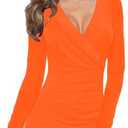 Afibi Womens Slim Fitted Deep V Neck Cross Wrap Top Long Sleeve T-Shirts S