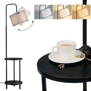 ELYONA Modern Floor Lamp for Living Room, Solid Wood Side Table Lamp with Grey Fabric Drum Shade, 3-Color Temperatures End Table Standing Light for Bedroom, Living Room, LED Bulb Included, Matte Black