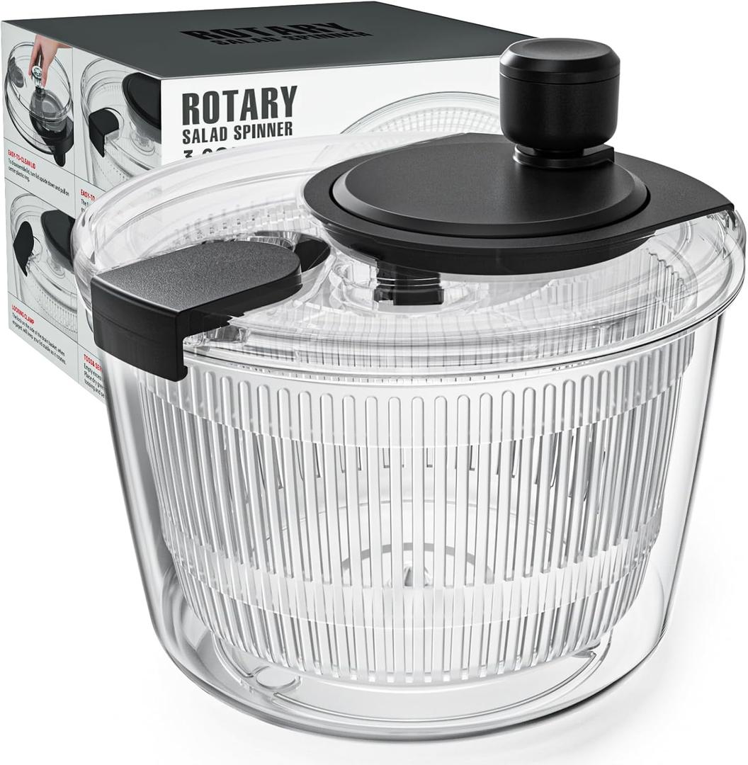 Cambom Salad Spinner Lettuce Spinner, Wash, Spin & Dry Salad Greens, Vegetable Washer Salad Dryer With Rotary Handle for Fruits & Vegetables, High Efficiency Vegetable Spinner Kitchen Gadget 3Qt Black