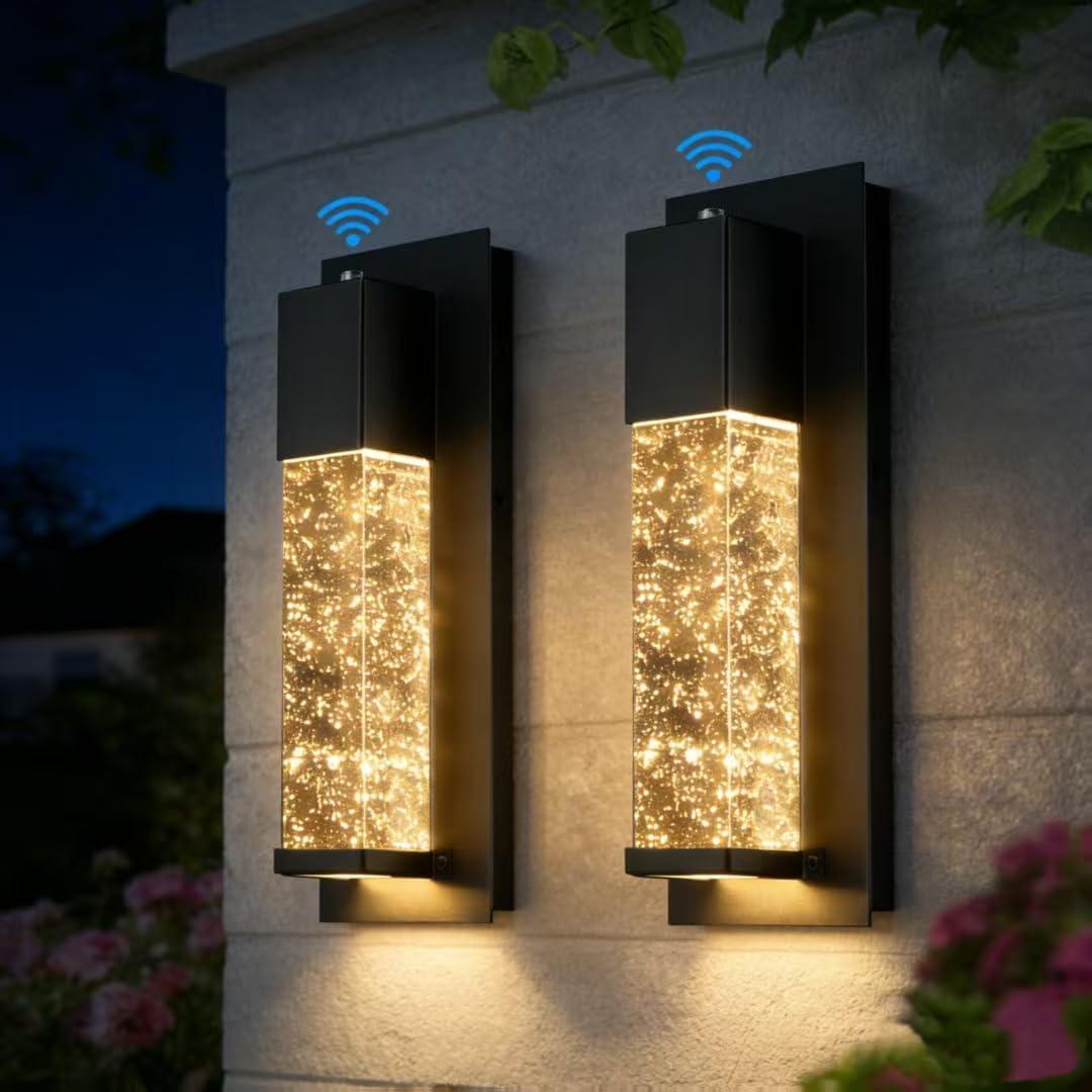 LED Dusk to Dawn Outdoor Light Fixture,2 Pack Modern Exterior Wall Sconce Porch Lights, Outside Wall Mount Lighting with Crystal Bubble Glass 13W 3000K for Front Door Patio