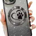 for iPhone 14 Case Glitter Clear Paw Love Heart Compatible with MagSafe, Strong Magnetic Full Camera Lens Protection Soft Slim Thin Cute Bling Phone Case - Black