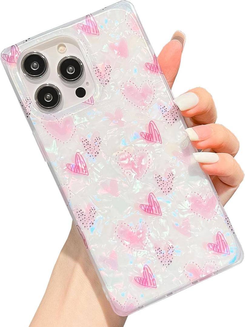 KERZZIL Elegent Girly Pearl Texture Compatible with iPhone 14 Pro Rectangle Edge Case, Cute Love Hearts Pattern Slim Soft TPU Protective Bumper Cases Cover(Pink,14 Pro)