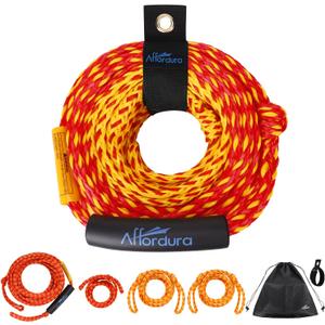 Affordura 65FT Tow Rope for Tubing 4 Sections Boat Tow Rope Tube Ropes for Tubing with Storage Bag and Rope Keeper (1-2 rider, red)