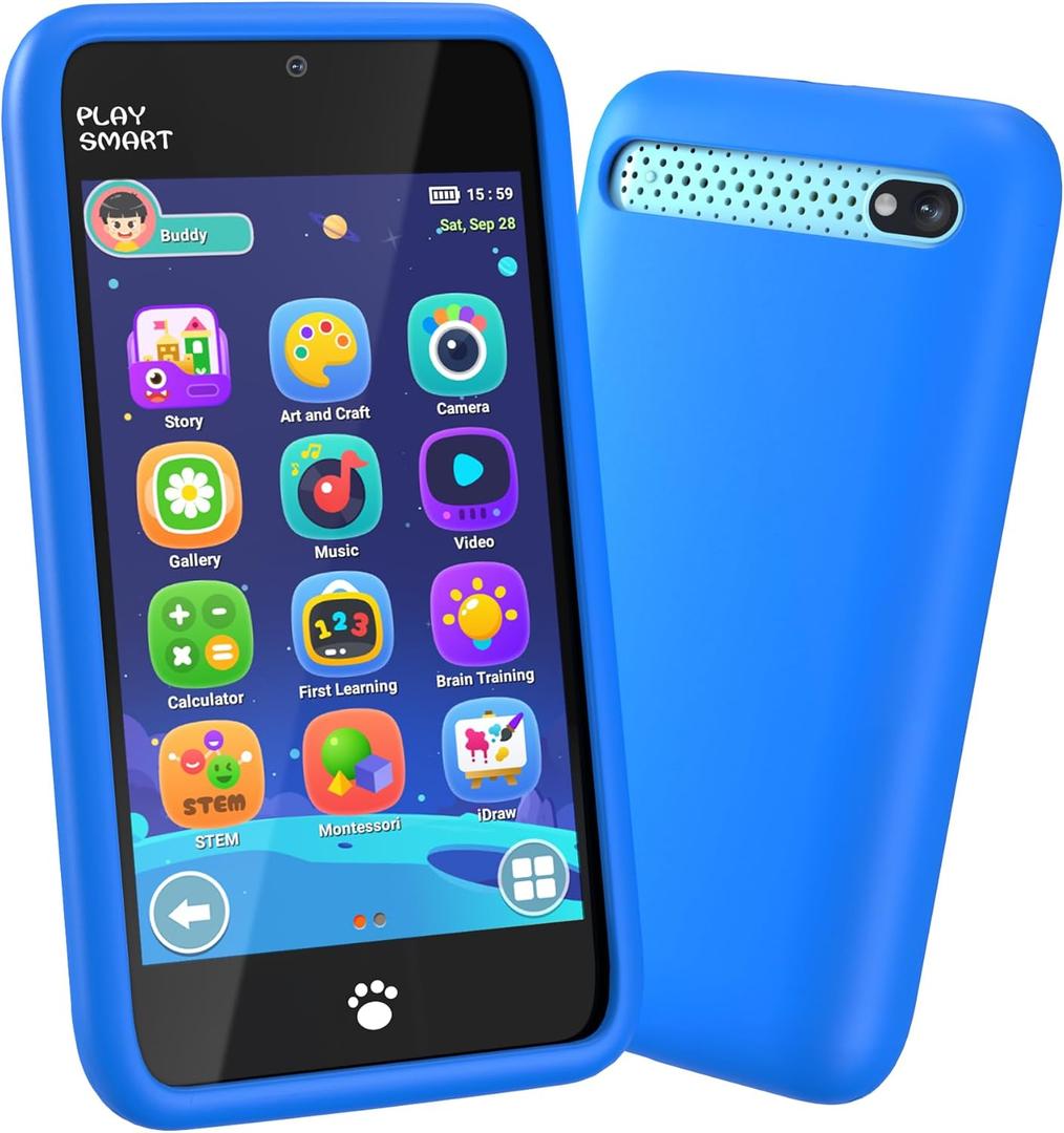 MOMILLA Toys Kids Smart Phone, 3.97" Screen Dual Cameras w/ 21 Stickers, Birthday Gifts for Kids, 16GB Toddler Learning Cell Phone with Games, Boys Girls Toys for Age 3 4 5 6 7 8 9 Year Old (Blue)