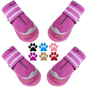 QUMY 4PCS Dog Boots for Large Dogs, Medium Dog Shoes & Paw Protectors for Hot Pavement, Summer Heat Protection, Mesh Breathable Nonslip Dog Booties for Hardfloors, Walking Running Hiking Purple Size 4
