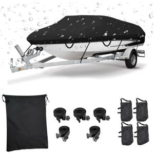 Boat Cover 17-19ft, Waterproof Trailerable Boat Cover, Heavy Duty UV Resistant Marine Grade Polyester Canvas, Fits 17-19ft V-Hull, Tri-Hull, Fishing Runabout Boat with Tightening Strap (17-19 ft, Beam width up to 96")