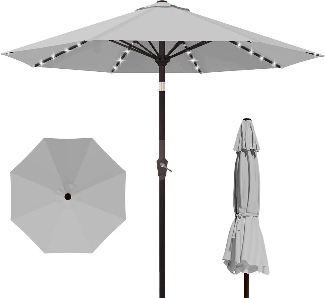 Kingdura 9FT Outdoor Patio Umbrella with Solar Lights, Market Table Umbrella with Push Button Tilt & Crank, 8 Sturdy Ribs, 32 LED Lights, UV Protection for Garden Lawn Deck Backyard Pool (Light grey)