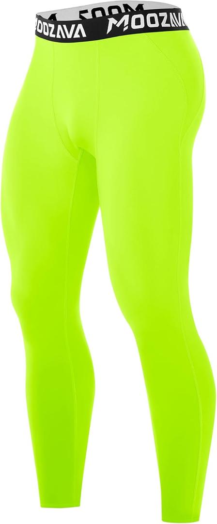 Moozava Mens Compression Pants Running Leggings Spandex Gym Workout Tights Athletic Sport Base Layer Cycling Football Soccer (Small, Neon Yellow)
