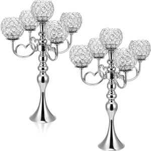 2 Pack 5 Arm Crystal Candelabra Centerpieces 21.5 Inch Tall Candle Holder Table Candelabra Stand with Crystal Candle Holder Bowl for Home Wedding Anniversary Dinner Party Table Decoration (Silver)