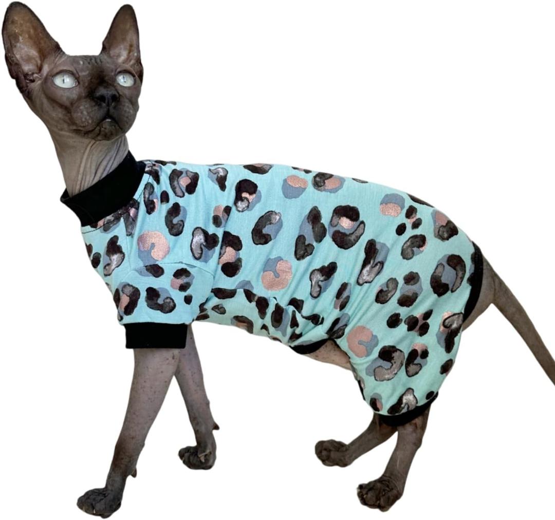 Sphynx Cat Four Leg Cotton Pajamas Elastic Pet Clothes for Hairless Cats Surgery Recovery Suit Undershirt Thermal Clothes for Sphynx, Devon, Cornish (Mint Leopard, M (5.5-6.6 lbs))