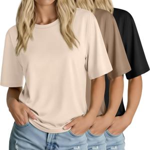 Huukeay 3 Pack Women's Half Sleeve T-Shirts, Crew Neck Elbow Length Tops Loose Casual Basic Tees Summer Tunic Tops, Small