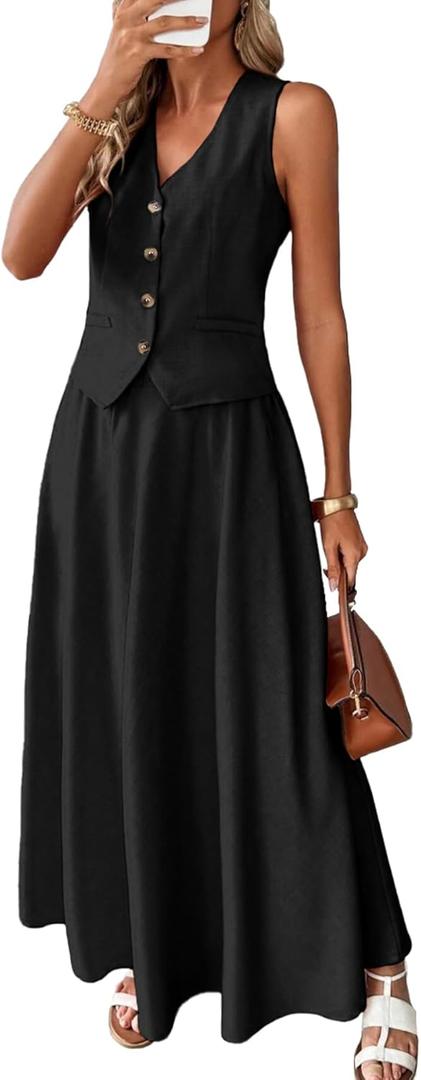 ELLEVEN Linen Sets for Women 2 Piece Skirt Outfits Summer Two Piece Vest Sets Going Out Maxi A-line Long Flowy Skirt Sleeveless Tank Top Casual Matching Dress Set Spring Vacation Black, X-Large