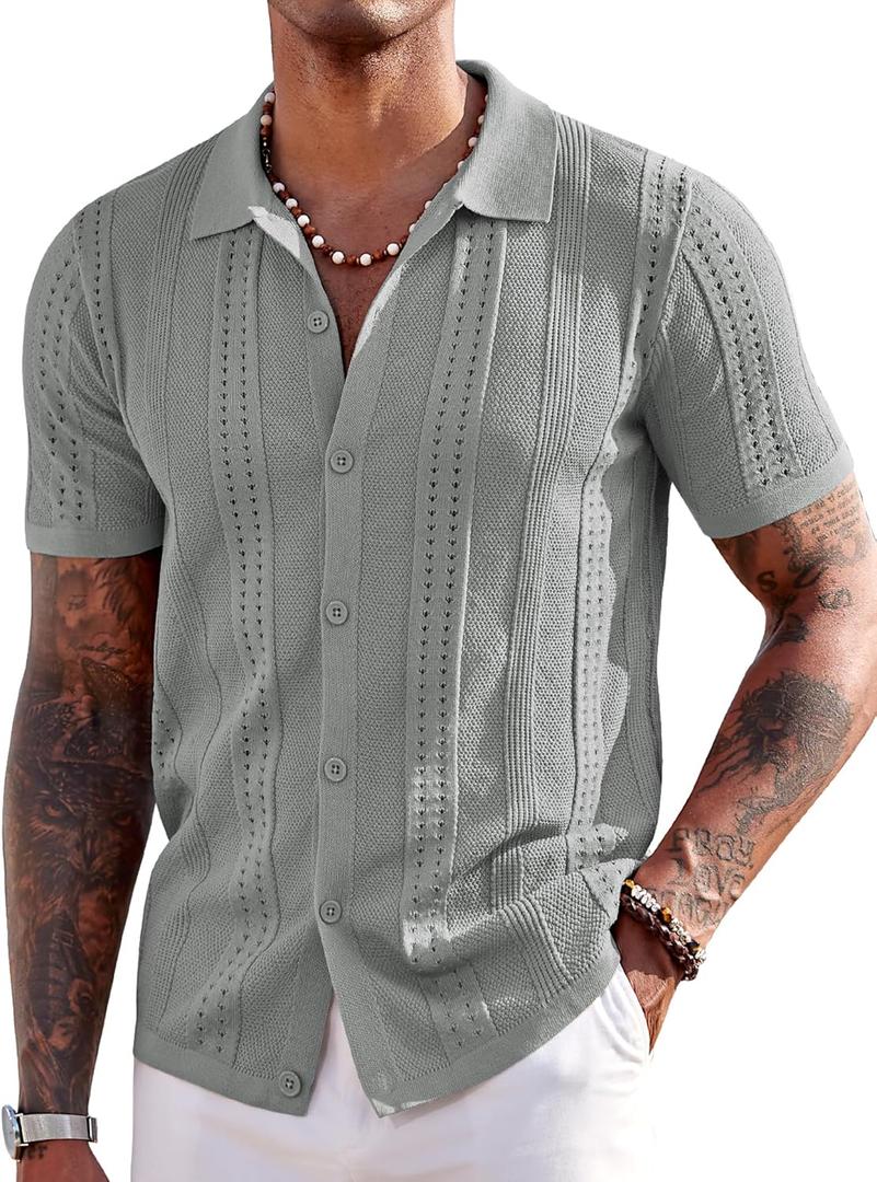 COOFANDY Men's Knit Shirts Short Sleeve Button Down Polo Shirt Fashion Casual Summer Beach Shirts, S