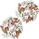 Lvydec 2 Pack Artificial Pumpkin Fall Wreath - 12" Autumn Wreath with Colorful Maple Leaves White Pumpkin and Berries for Front Door Table Wall and Thanksgiving Decoration (12 Inch - 2 Pack)