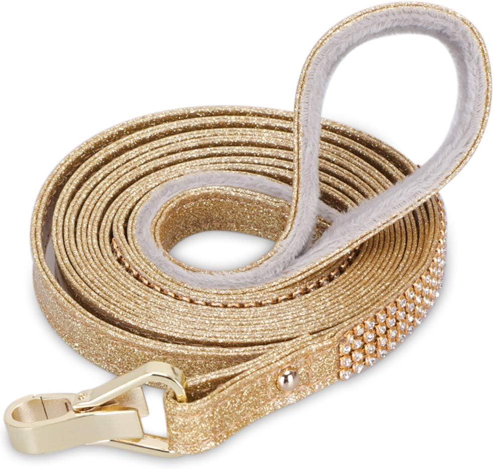 PetsHome Dog Leash, [Bling Rhinestones] Premium PU Leather Durable and Soft 6 FT Lead for Control Safety Training, Walking Small to Medium Dogs Gold