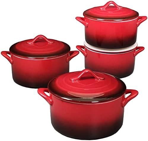 3 PCS JINSONGDAFA Ceramic Mini Cocotte Set, 17.7 Ounces Small Casserole Dishes with Lids and Handles, Individual Baking Ramekins, Oven, Microwave & Dishwasher Safe (Inner white outer gradient Red glaze)