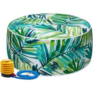 Magpie Fabrics Inflatable Stool Ottoman Pouf D20 xH9, Outdoor Round Footrest Footstool with Foot Pump, Portable for Patio Garden Travel Camping -Green Palm Leaves