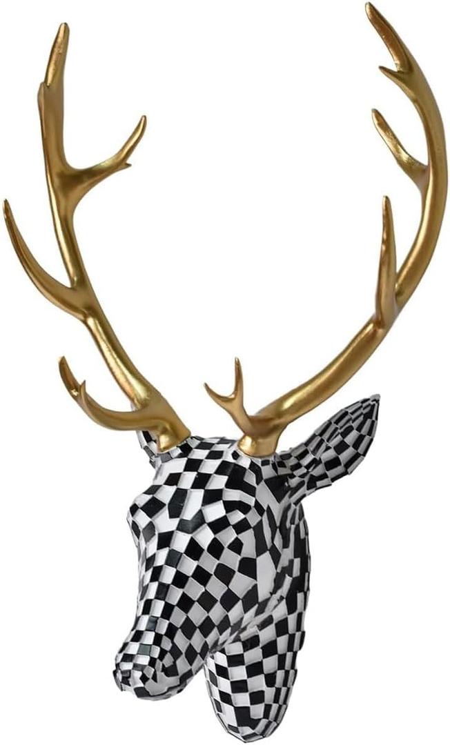 XYZWOMN Deer Head Wall Decor, 15.7 Inch Faux Resin Animal Head Wall Mount with Gold Antlers, Modern Mosaic 3D Wall Art Sculpture for Living Room Bedroom Home Decoration, Black and White