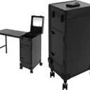 Rolling Manicure Table Foldable Nail Desk w/3 Drawers LED Mirror & Nail Polish Organizer, Portable Travel Nail Desk with storage on Wheels Lockable Makeup Train Case (Black)