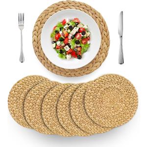 BARIEN Woven Placemats Round Set of 6, Natural Water Hyacinth Weave Placemat for Dining Table, Large Handmade Woven Placemats Heat Resistant Non-Slip (12")