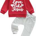 Douhoow Baby Boy Valentines Day Outfit Letter Print Sweatshirt Long Joggers Pants Boys Girls Festival Clothes (Red)