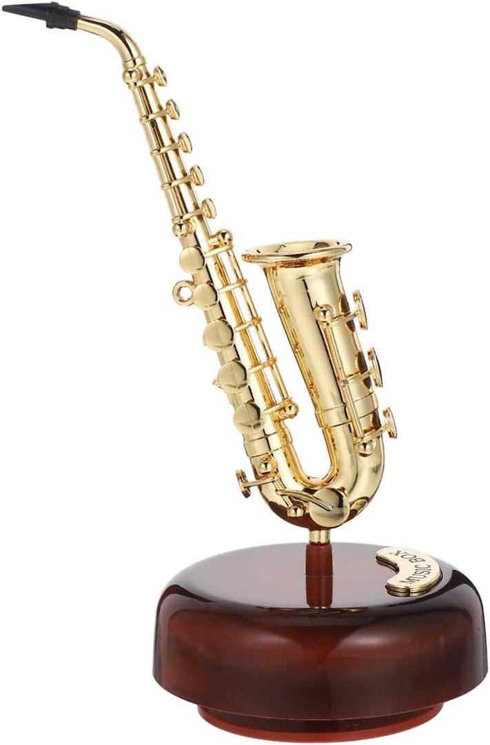 Mini Saxophone Music Box, 7.9in Classic Home Decorative Saxophone, Musical Mum Trinket Instrument Ornaments for Home Decoration Housewarming Desktop (20x10cm, Golden)