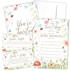 A Little Love Bug Baby Shower Invitation With Envelopes, Diaper Raffle Tickets, Books Request Cards, Insect Baby Shower Decorations Supplies Favors Set, Gender Reveal Party Invites, 25 Cards Each -05