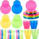Supernal 216pcs Plastic Dinnerware Set include Rainbow Disposable Plates for Party Heavy Duty,Colorful Disposable Cups,Plastic Silveware in Neon Pink,Blue,Green,Yellow, Pefect for Birthdays