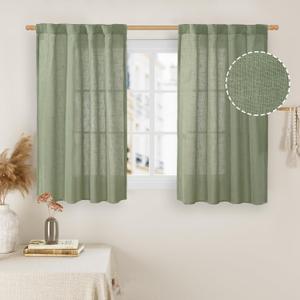 LAMIT Small Window Linen Curtains 45 Inches Long, Semi Sheer Light Filtering Panels Back Tab and Rod Pocket Drapes for Basement/Window/Kitchen, Sage Green, 2 Panels, 34 x 45 Inch
