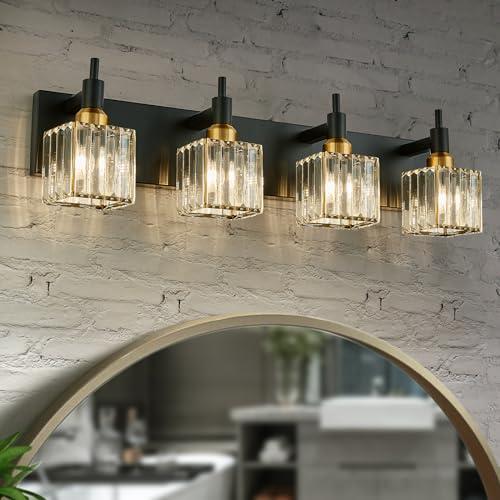 HUOKU Gold Black Crystal Bathroom Lighting Fixtures, 4 Light Brass Modern Crystal Bathroom Vanity Lights Over Mirror Brass Bath Light