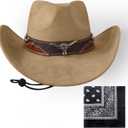 Wildarms Cowboy Hat with Bandana - Adjustable Wide Brim Western Hat for Men & Women,Rodeo Christmas Cowgirl Hats Gifts (Medium, Bull2-camel)