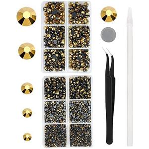 MEIBITE 6796PCS Gold Hotfix Rhinestones Crystal Stones Glass for Fabric Clothes Shirts Sparkly Flat Back Round with Tweezers and Picking Pen (SS6~SS30 Set)