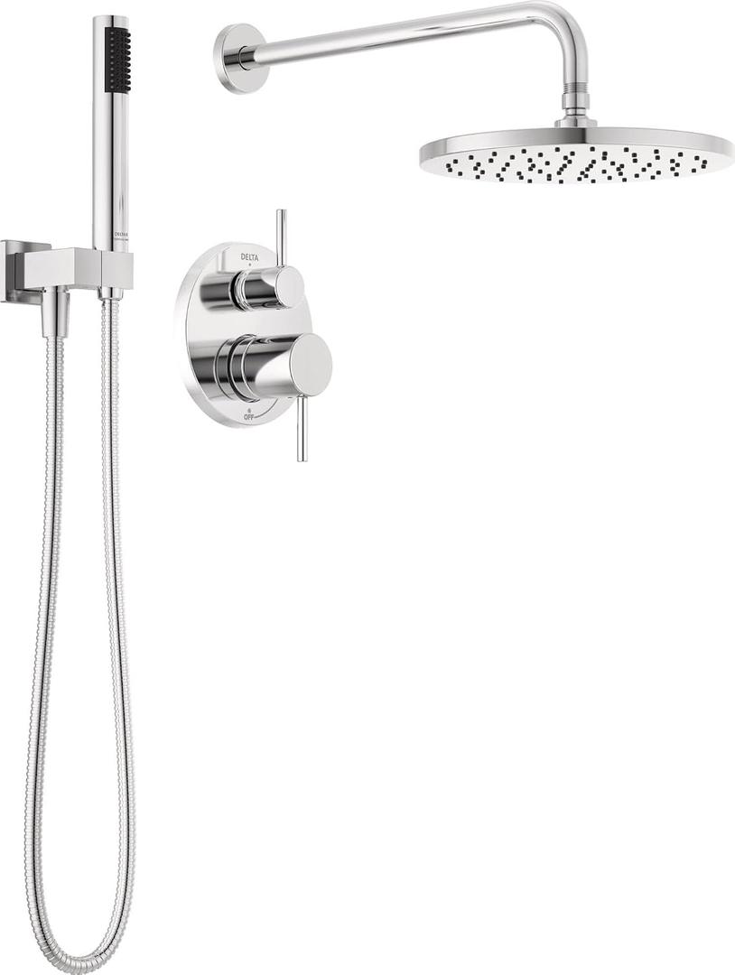 Delta Modern 14 Series Round Rain Shower System Faucet Set, Rainfall Chrome Shower Head and Handle Set, Valve Trim Kit, 10 Inch, Chrome 342702