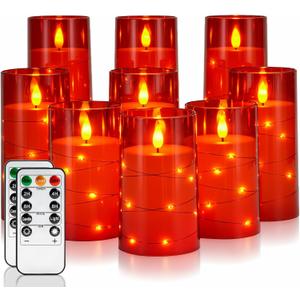 Homemory 9 Pcs Flameless Candles with Embedded Star String Fairy Lights, Battery Operated Candles, LED Candle, Fake Candles with Remote Control and Timer (Red)
