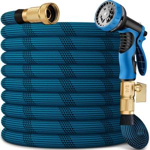 50FT Garden Hose, Lightweight Flexible Water Hose, 5/8" Kink Free Leak Proof Hose, Heavy Duty 96-Layer Woven with 3/4" Brass Fittings, 10 Function Nozzle for Yard Lawn Outdoor Car Wash(BlueBlack)