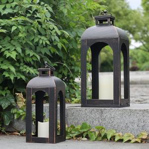 DECORKEY LED Lantern Decorative Outdoor&Indoor, Set of 2 (17&13) Black Metal Lanterns Decor, Vintage Hanging Candle Holder for Home Porch Wedding Halloween Christmas Decorations Battery Powered